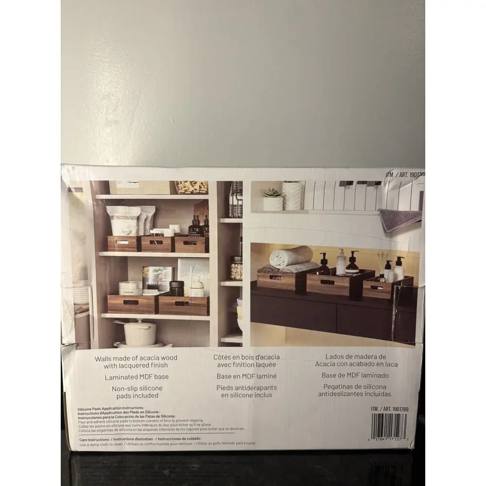 Seville Classics Acacia Wood Storage Bin Set, 5-piece. NEW